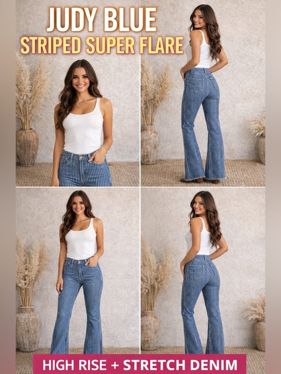 Judy Blue Denim - Judy Blue Striped Super Flare Jeans Size 5/27 High Rise Boho Retro Stretch Denim